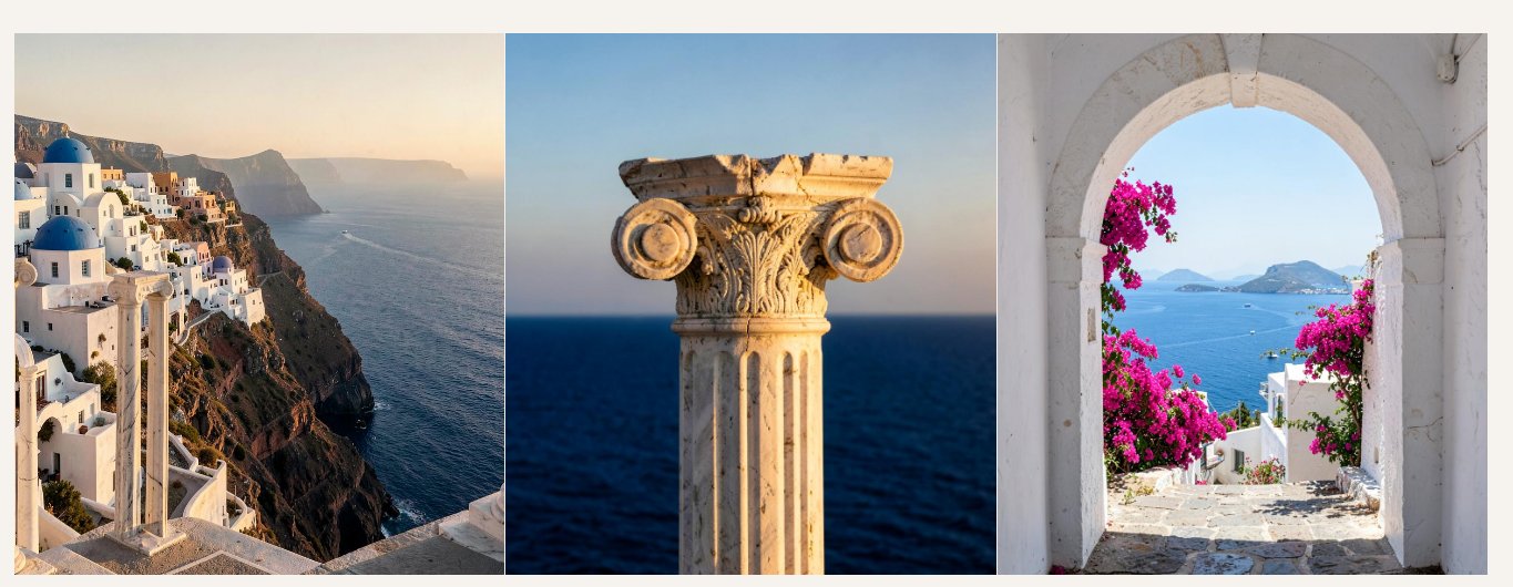 Tríptico do Mediterrâneo: Santorini, coluna jônica e arco com bougainvillea